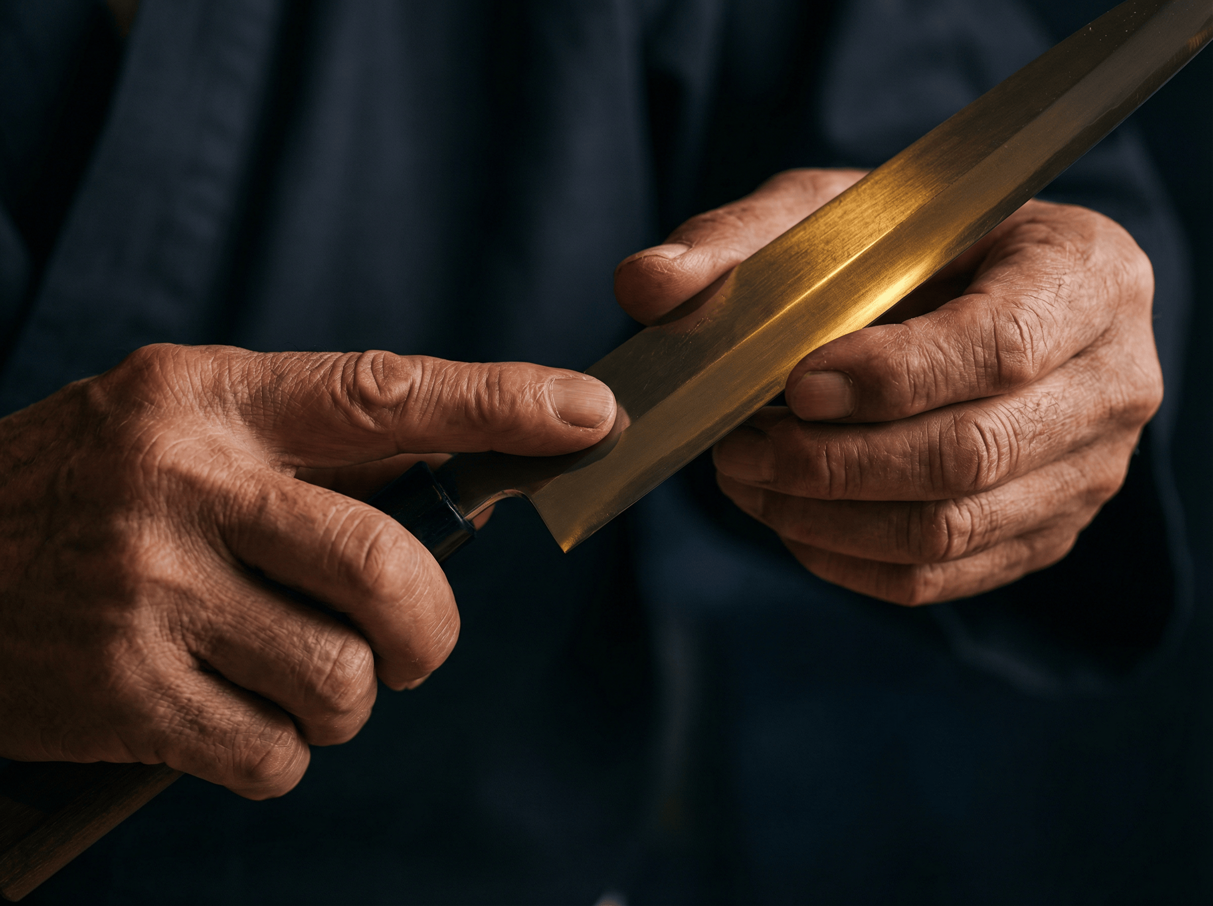 Master's hands holding traditional Yanagiba knife